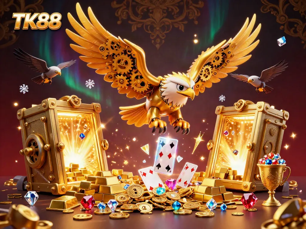 Engage with TK88, where a golden eagle navigates through dazzling holographic playing cards amidst riches, capturing the thrill of online gambling.