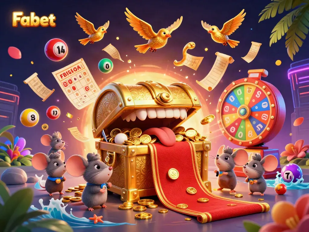 Engage with Fabet's thrilling offerings featuring a dynamic treasure chest and colorful lottery elements.
