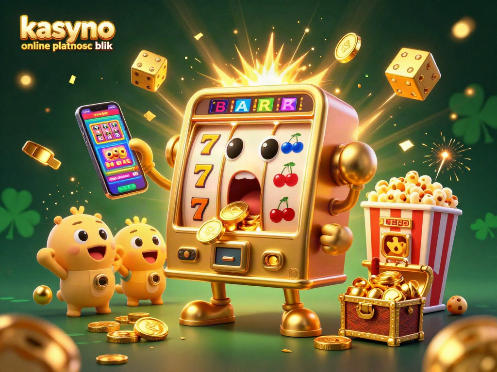 Experience excitement at kasyno online platnosc blik with a joyful golden slot machine hitting the jackpot surrounded by cheering others.