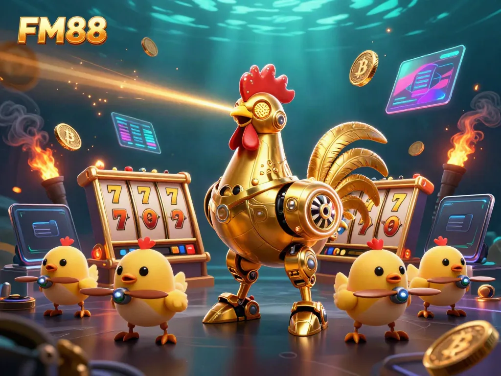 Engage in thrilling jackpots at FM88 with a captivating golden rooster robot leading the adventure.