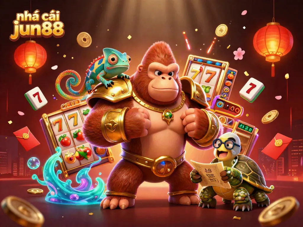 Experience excitement at nhà cái jun88 with a powerful gorilla king, chameleon companion, and gaming elements.