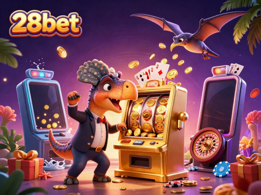 Experience the thrill of 28bet with a pachycephalosaurus winning jackpots and coins flying everywhere