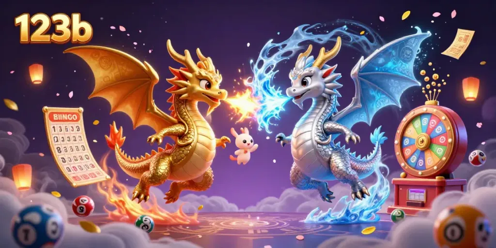 Engage in thrilling gaming at 123b with golden and silver dragons amidst a vibrant casino atmosphere.
