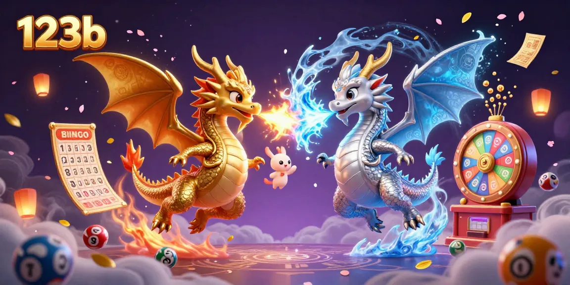 Engage in thrilling gaming at 123b with golden and silver dragons amidst a vibrant casino atmosphere.