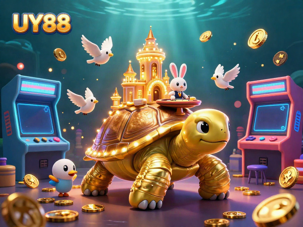 Experience UY88's vibrant casino adventure with a golden tortoise, dealer, and golden coins.