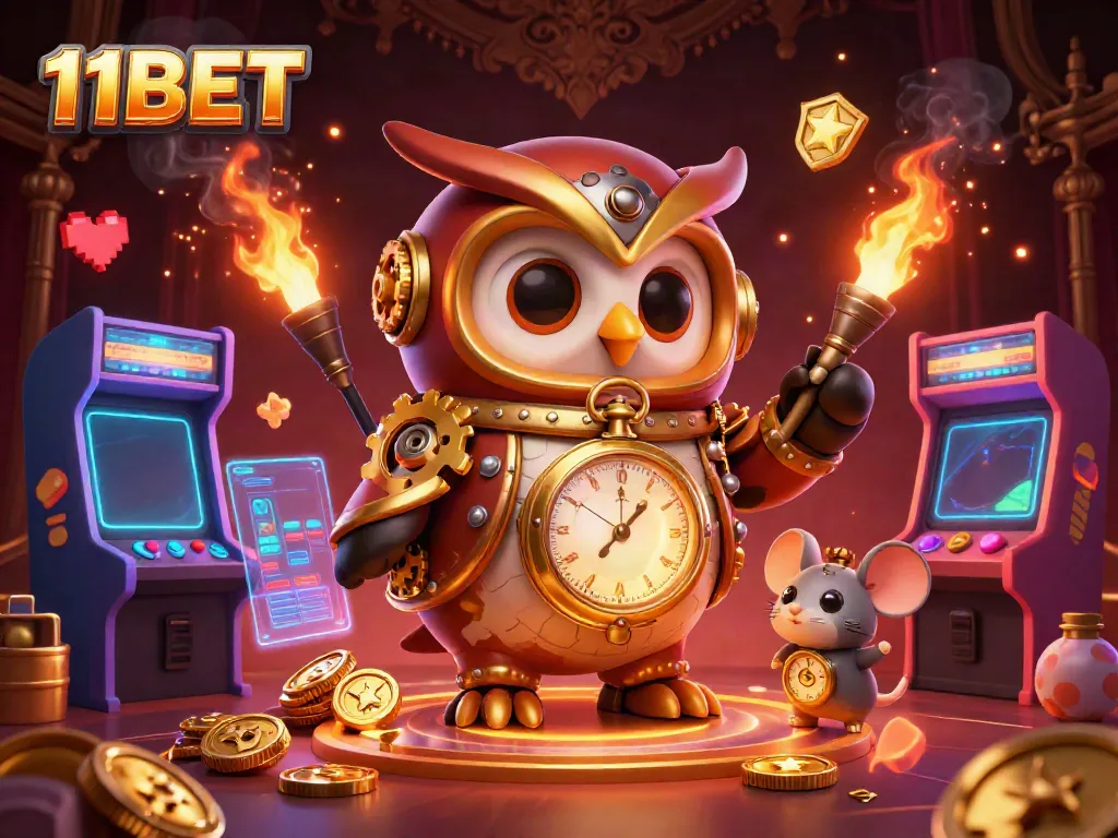Engage with 11BET through a vibrant scene featuring steampunk owl, gaming elements, and casino aesthetics.