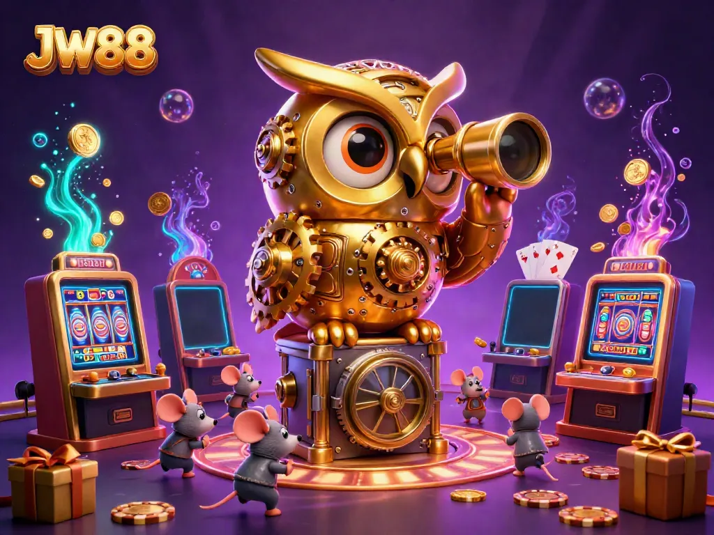 Experience the excitement of JW88 with a vibrant casino scene featuring a golden owl and animated mice in detailed 3D.