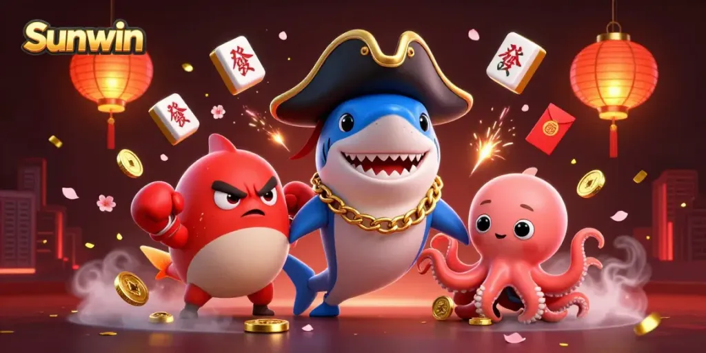 Engaging Sunwin scene showcasing a pirate shark, pufferfish, and octopus in vibrant casino-themed environment.