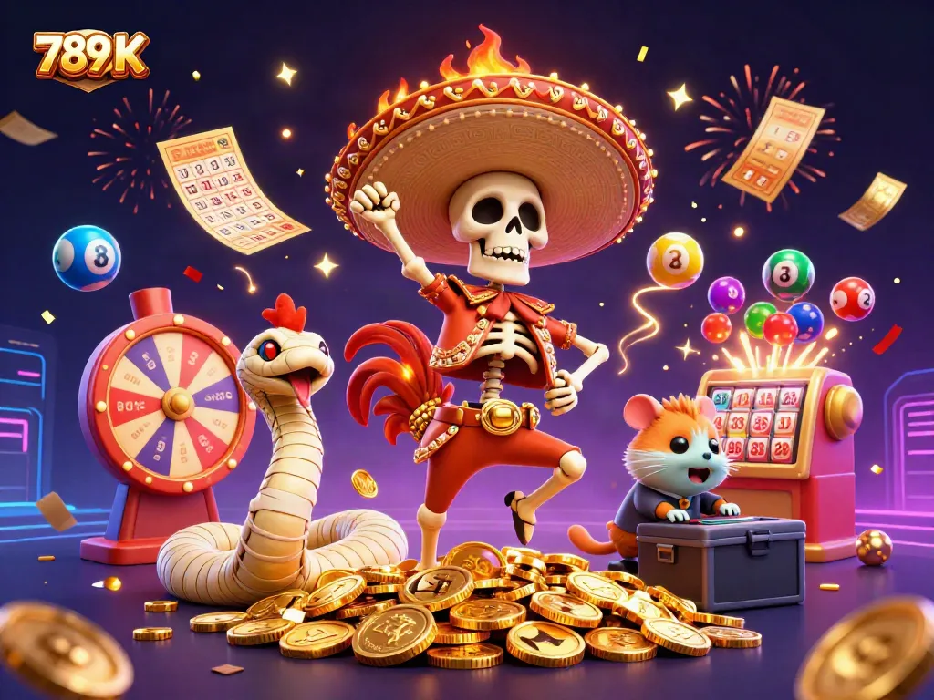 Participate in thrilling games at 789 K, featuring dynamic characters surrounded by colorful casino elements.