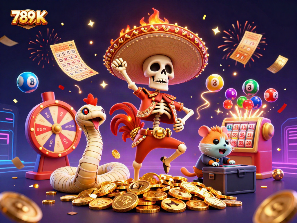 Participate in thrilling games at 789 K, featuring dynamic characters surrounded by colorful casino elements.