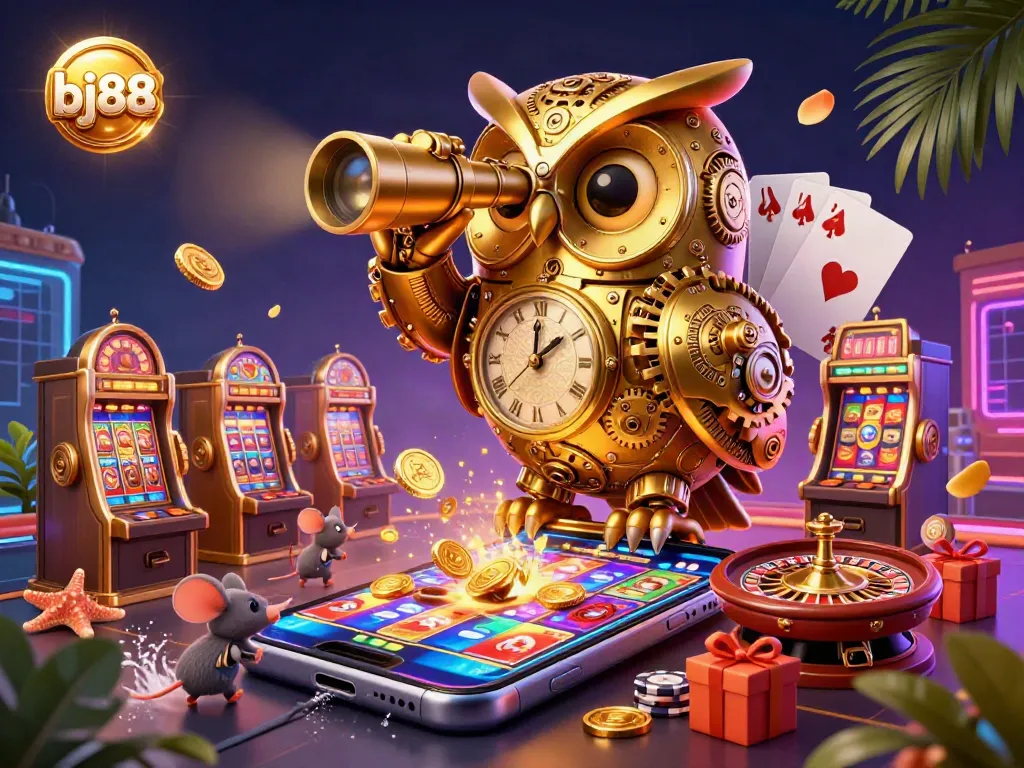 Experience the thrill of bj88 with vibrant casino elements showcasing a golden owl and dynamic slot games.