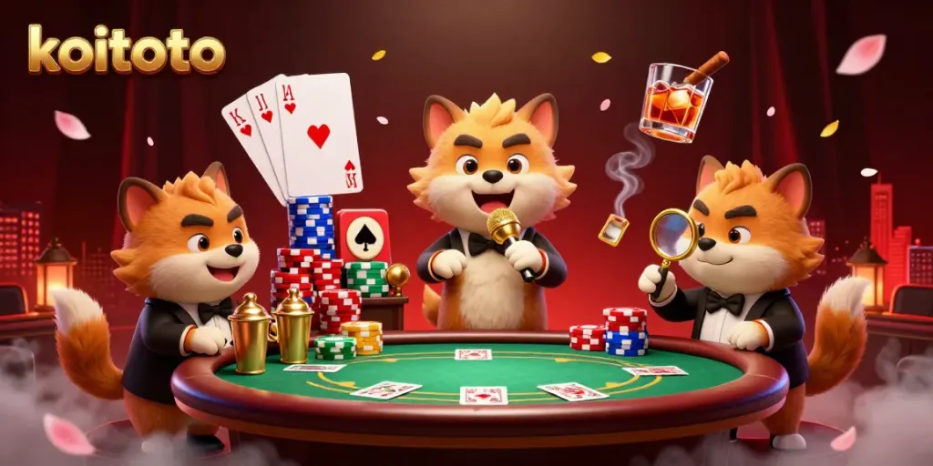 Hyena komedi di klub kasino koitoto dengan suasana ceria dan elemen perjudian meriah.