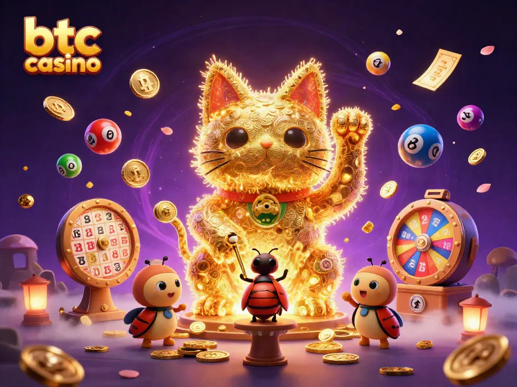 Play thrilling games at btc casino with the vibrant lucky cat and blockchain elements.