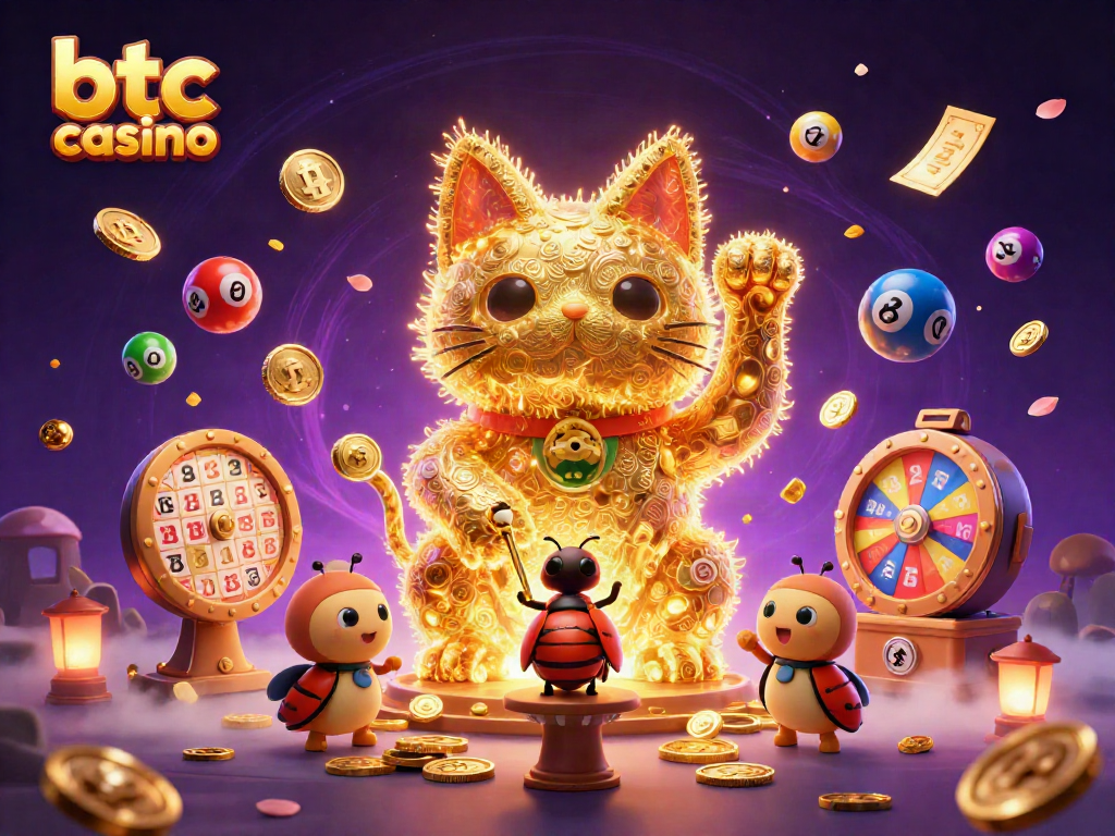 Play thrilling games at btc casino with the vibrant lucky cat and blockchain elements.