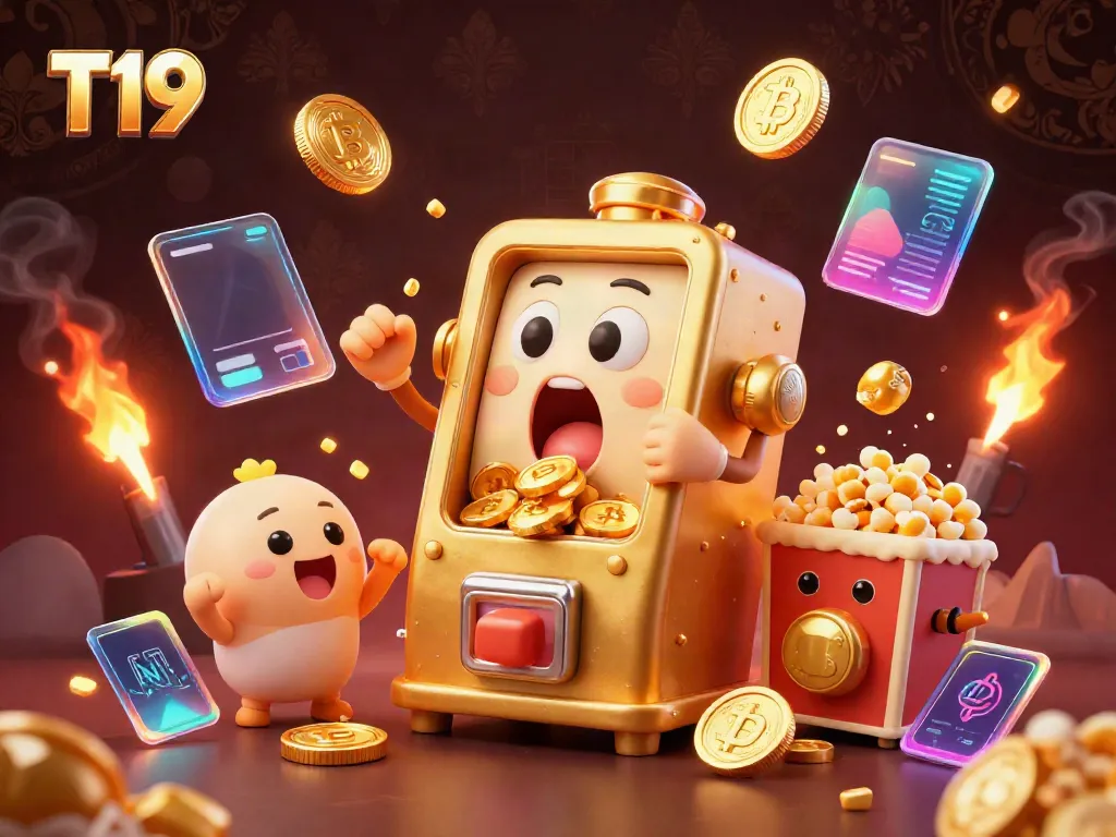 T19 slot machine wins jackpot, surrounded by cheering baby slots and golden coins, celebrating in a vibrant casino scene.