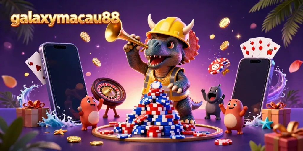 Experience the fun at galaxymacau88 with a vibrant scene featuring cartoon characters celebrating casino games.