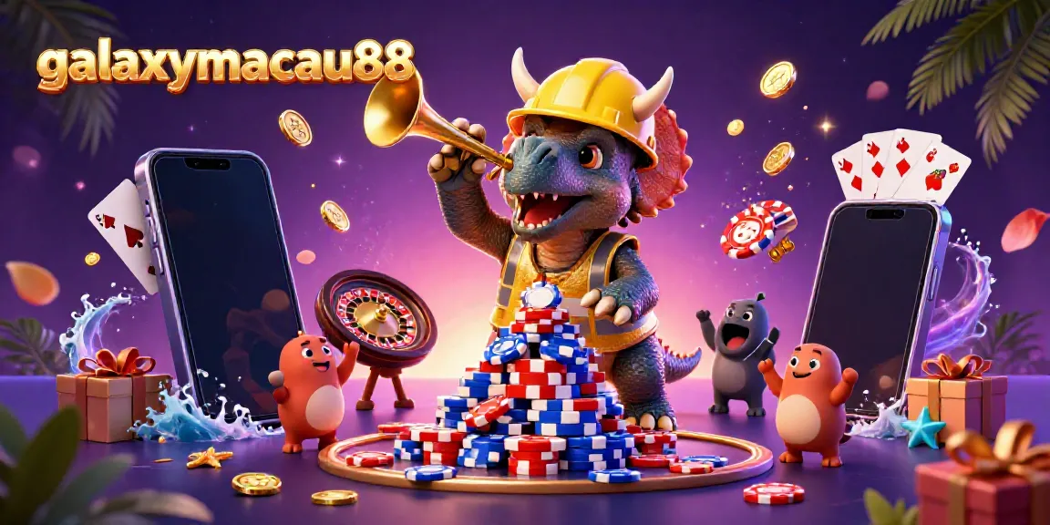 Experience the fun at galaxymacau88 with a vibrant scene featuring cartoon characters celebrating casino games.