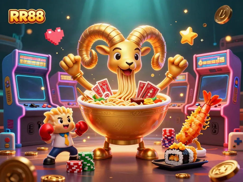 RR88 features a golden ramen bowl character dealing cards, showcasing vibrant casino elements in a lively scene.