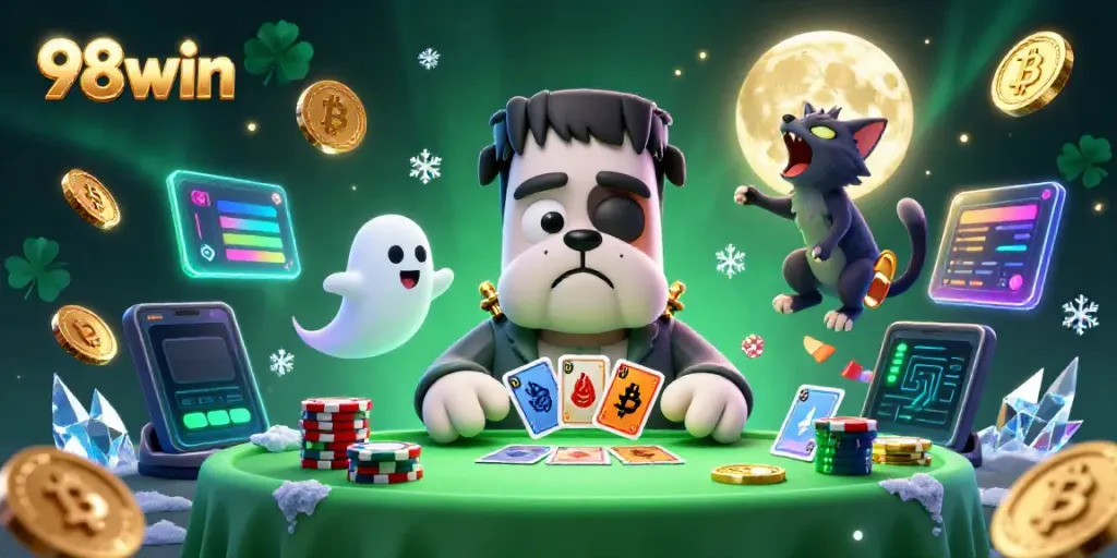 Experience thrilling card games with Frankenstein bulldog at the 98win casino's vibrant table.