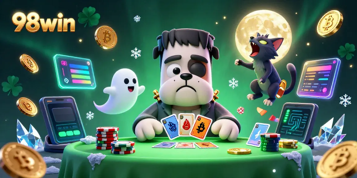 Experience thrilling card games with Frankenstein bulldog at the 98win casino's vibrant table.