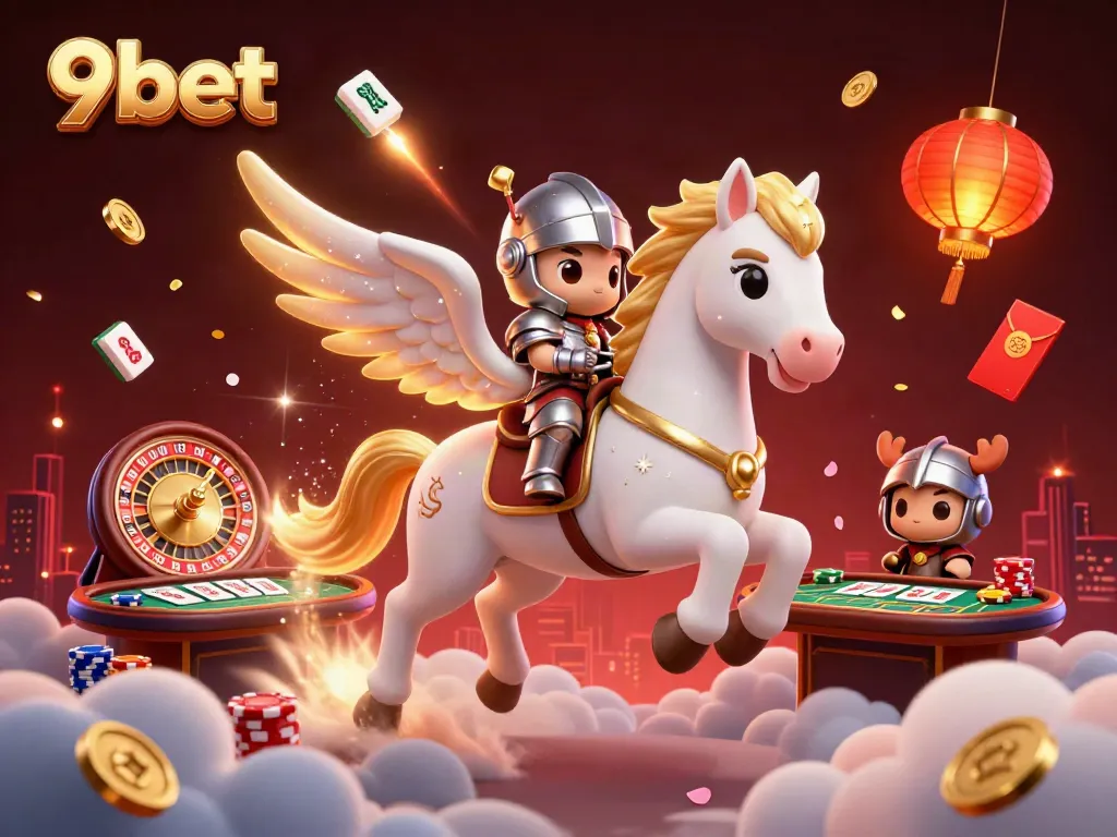 9bet live casino action with a celestial horse and knight character amidst a dynamic gaming scene.