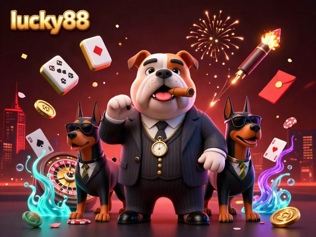 Experience the dynamic world of lucky88 with a cartoon mafia bulldog and Doberman bodyguards amidst casino elements.