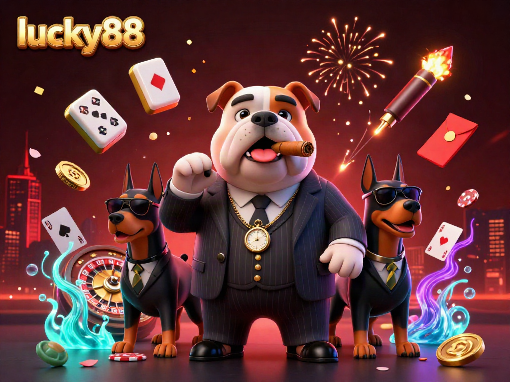 Experience the dynamic world of lucky88 with a cartoon mafia bulldog and Doberman bodyguards amidst casino elements.