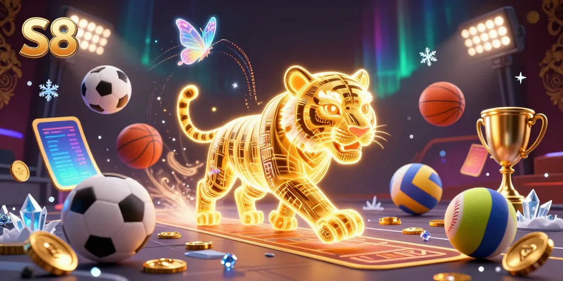 S8 gaming excitement with a neon-wireframe tiger in a vibrant digital casino environment.
