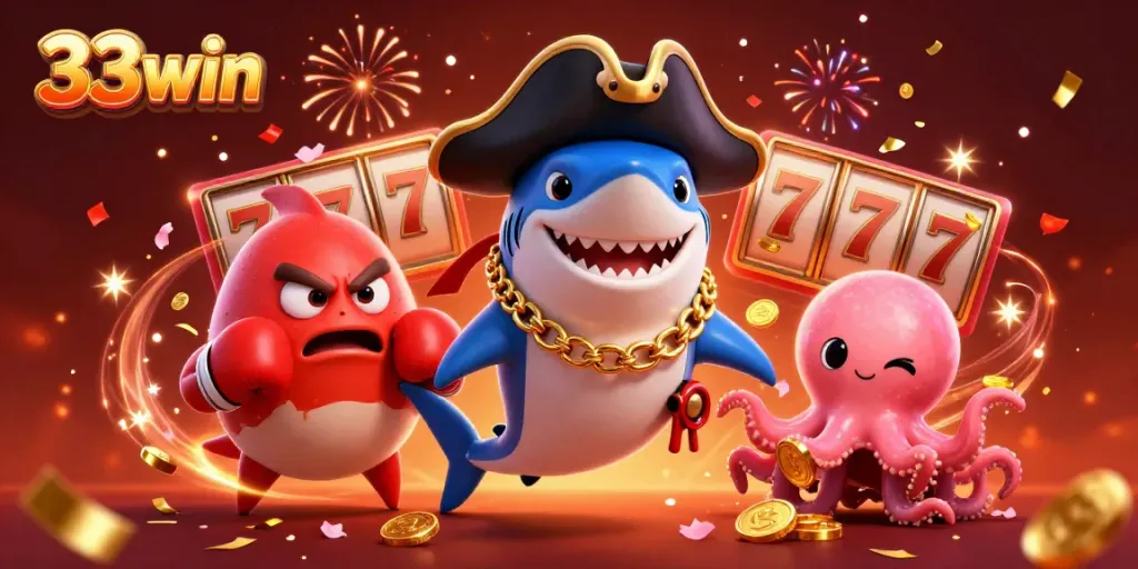 Engage in thrilling slots play at 33win, featuring lively characters in a festive atmosphere.