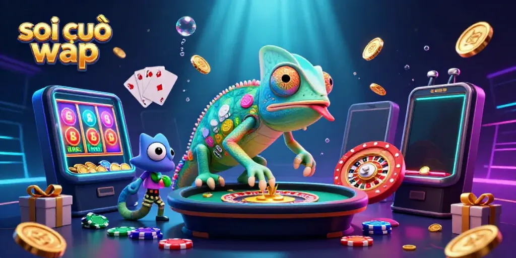 Engage in your luck with soi cầu wap, featuring a vibrant chameleon casino owner surrounded by thrilling gaming elements.