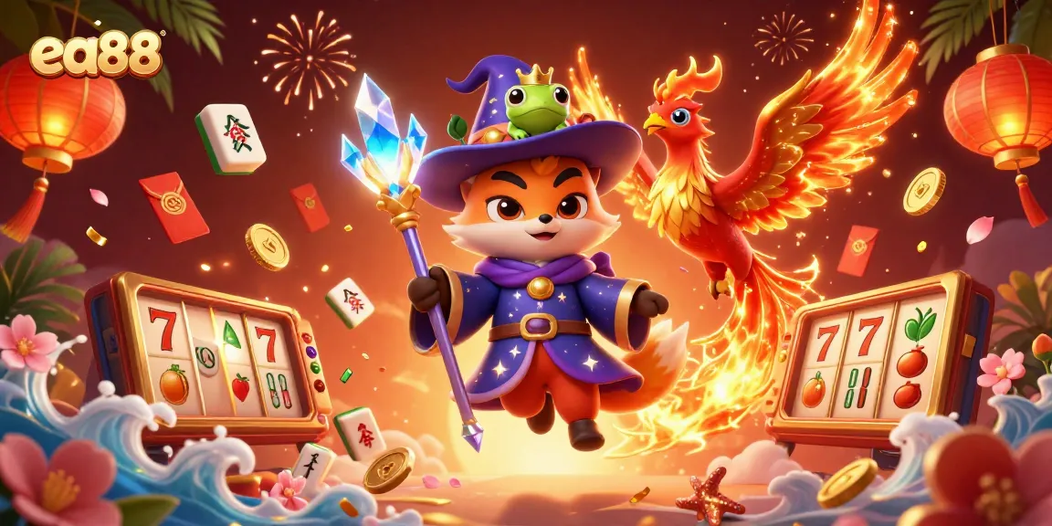 Experience the thrill of ea88 with a magical scene featuring a wizard fox and phoenix among casino elements.