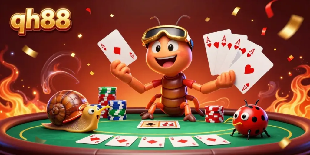 Experience thrilling gameplay at qh88 casino with a vibrant 3D illustration of a cartoon dealer and high-rollers.
