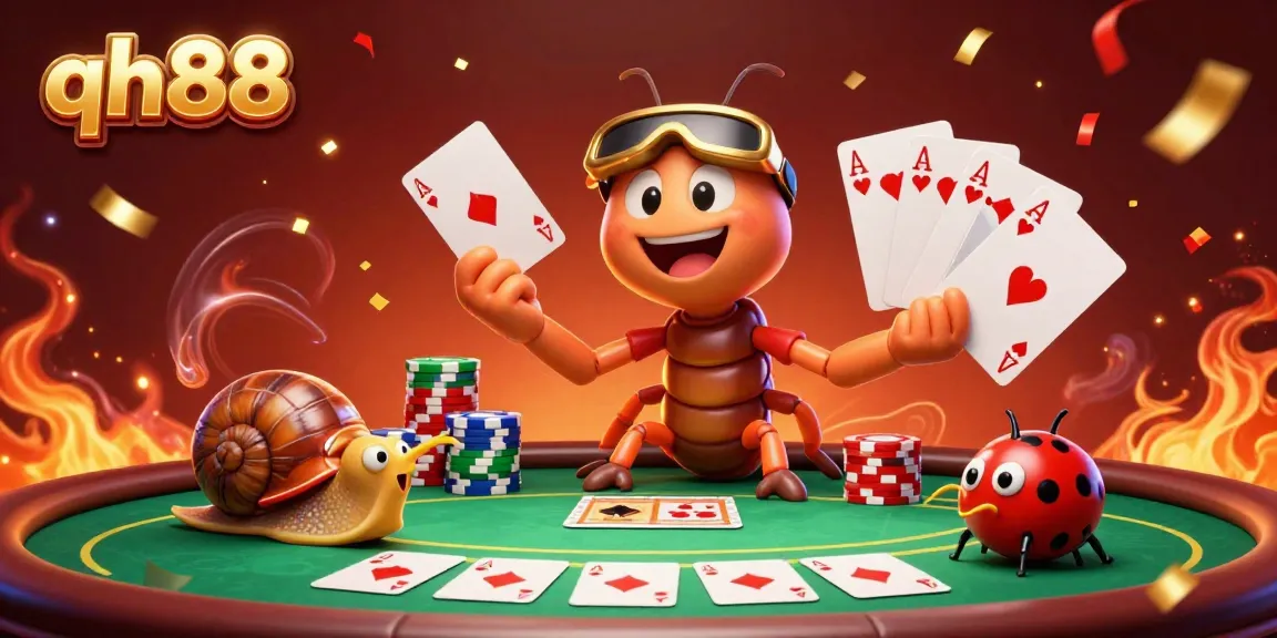 Experience thrilling gameplay at qh88 casino with a vibrant 3D illustration of a cartoon dealer and high-rollers.