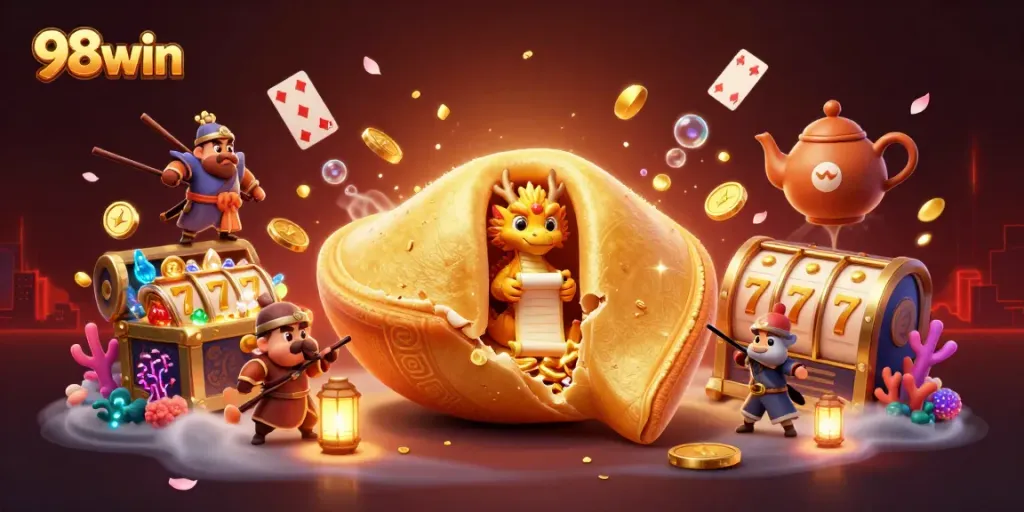 Experience the thrill of 98win as the dragon reads fortunes amidst casino treasures and vibrant elements.
