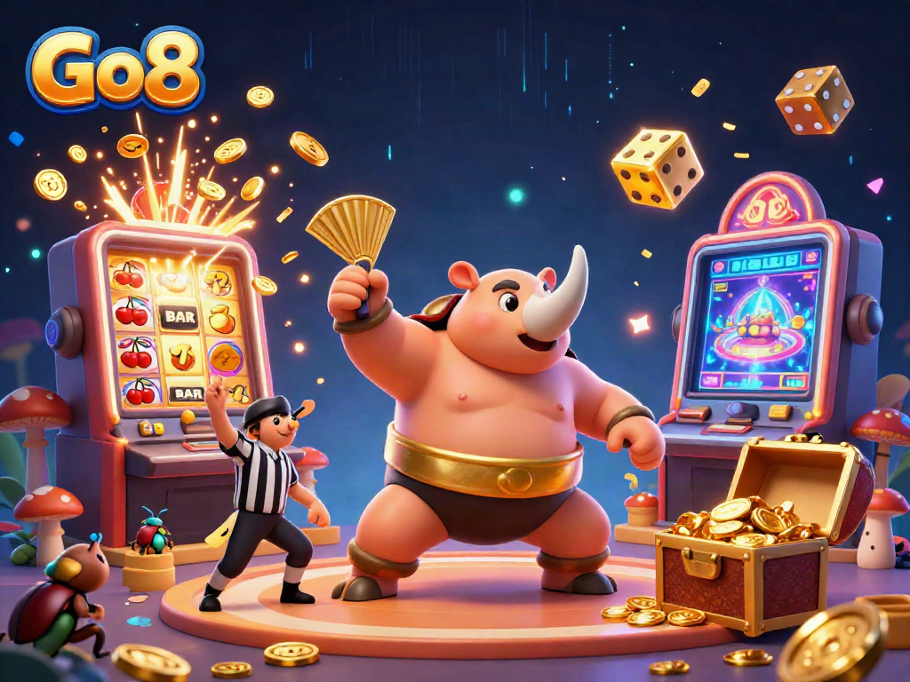 Go8 online casino illustration: playful beetle characters celebrate jackpot wins with vibrant colors and casino elements.