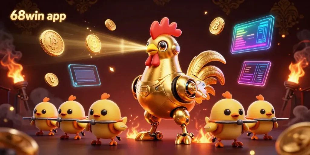 Experience the 68win app's dynamic gaming environment with a futuristic golden rooster robot and crypto elements.