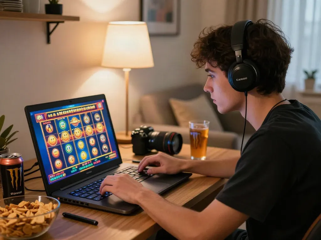 Engaging scene of a young adult playing link gacor slot games online, energetic atmosphere with vibrant graphics.