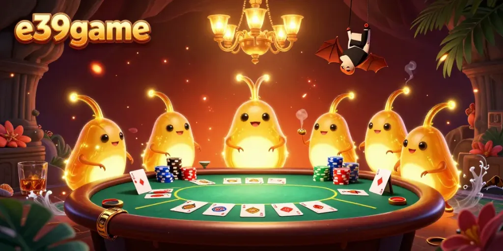 Experience thrilling gameplay at e39game with magical glowworms lighting a vibrant casino scene filled with poker excitement.