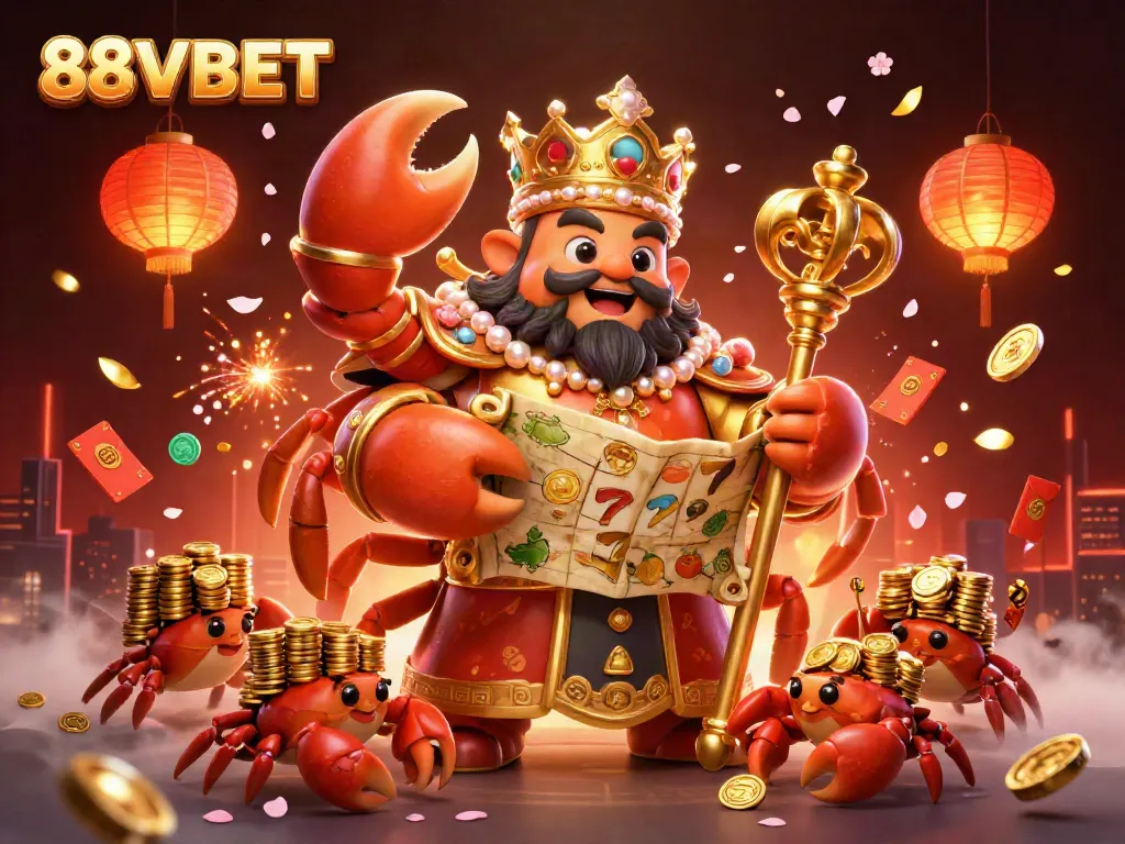 Engage with the vibrant scene of 88VBET, featuring a golden crab emperor amidst dynamic slot elements.