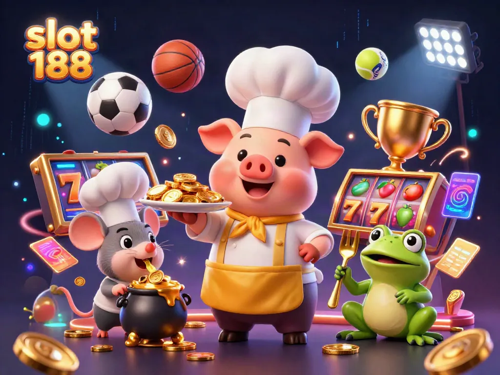 Permainan slot 188 dengan juru masak babi, koki tikus, dan pengulas kodok menyajikan koin emas dan elemen permainan.