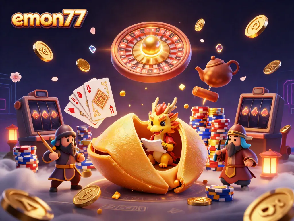 Experience excitement at emon77 with a vibrant casino scene, showcasing a golden fortune cookie and a wise dragon!