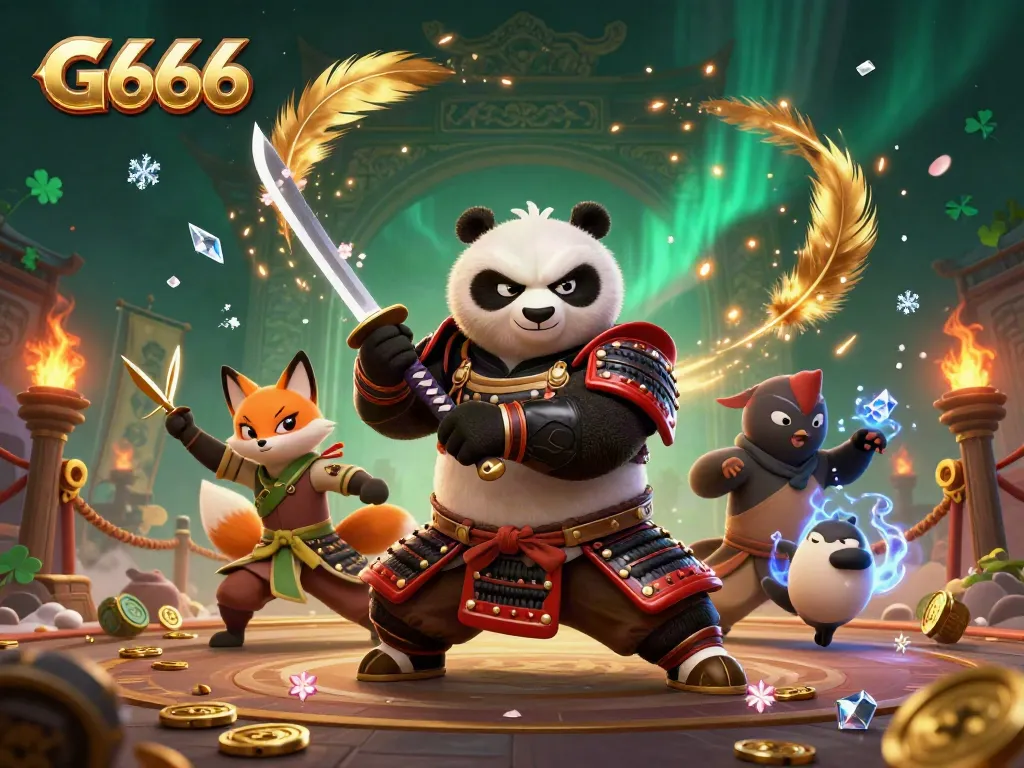 G666 battle scene featuring a samurai panda, ninja fox, and spirit tanuki in an exciting casino setting