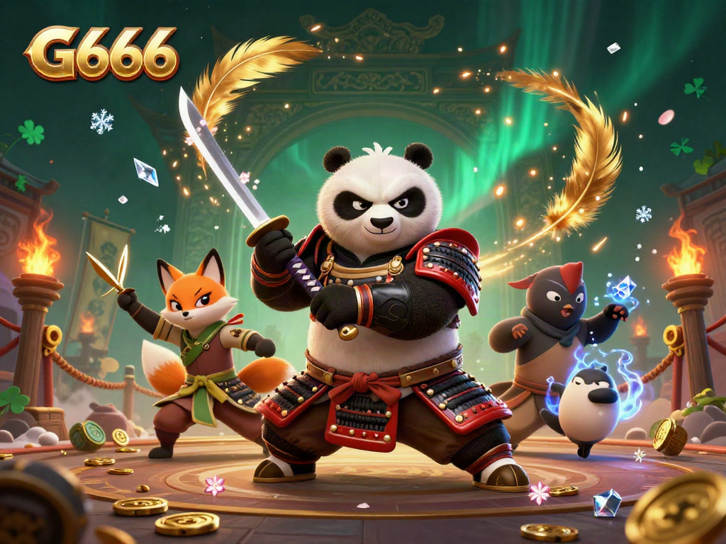 G666 battle scene featuring a samurai panda, ninja fox, and spirit tanuki in an exciting casino setting