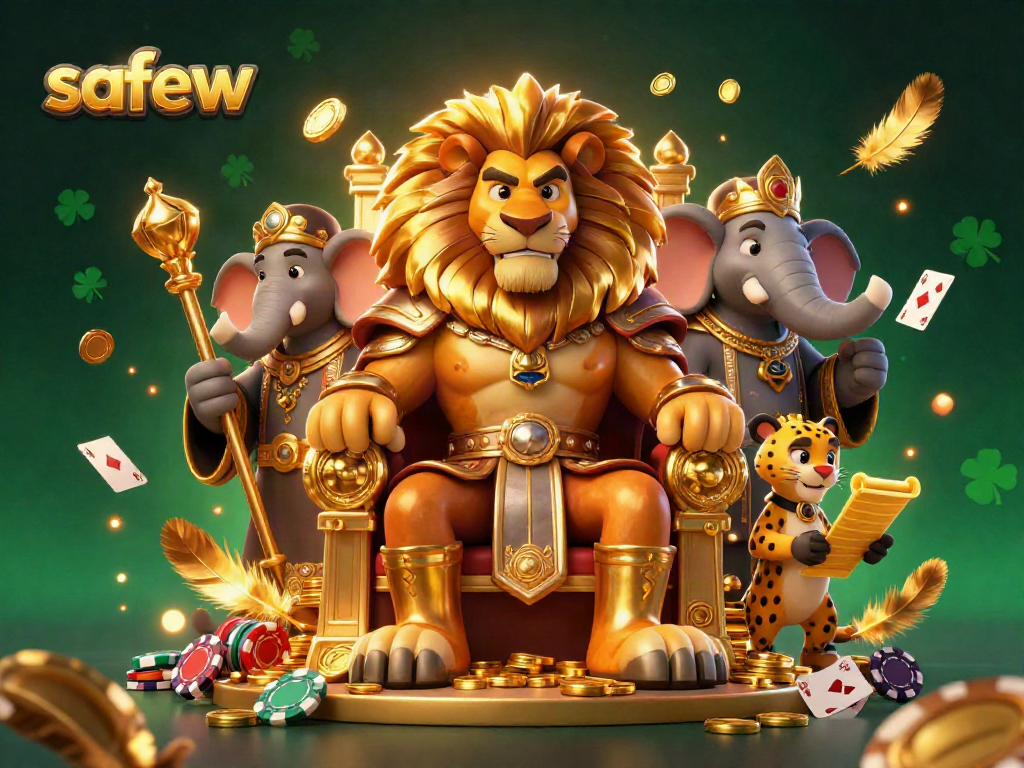 Engage with safew as the fierce lion king presides over a vibrant casino scene filled with action.