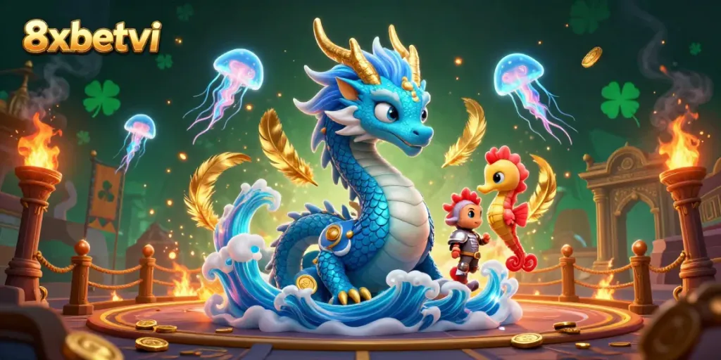 Engage in exciting gameplay with 8xbetvi featuring a majestic dragon and underwater knight in a vibrant casino-themed scene.