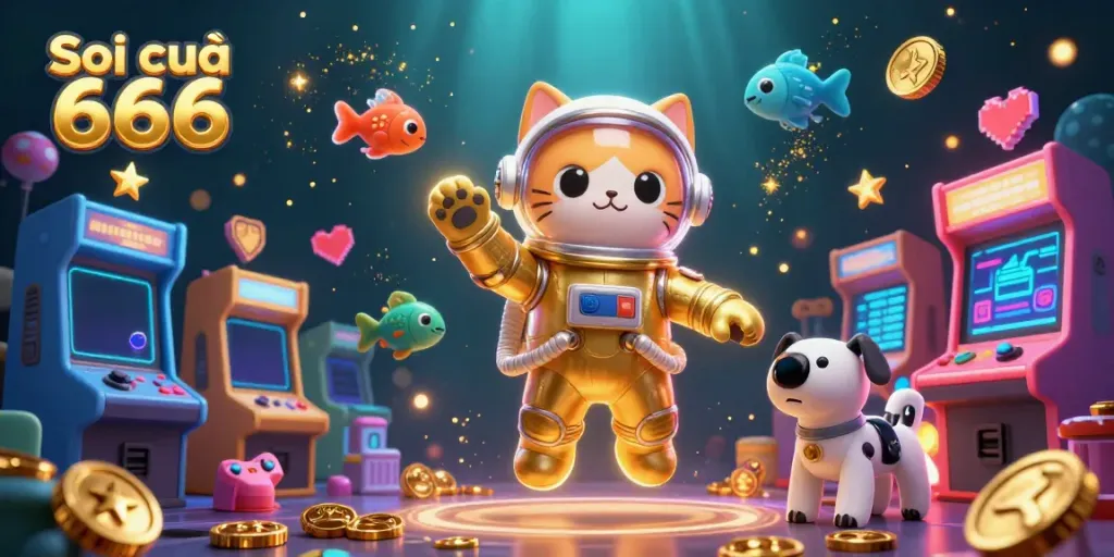 Soi cầu 666 showcases an astronaut cat in gold with a robot dog and alien fish in a vibrant casino scene.