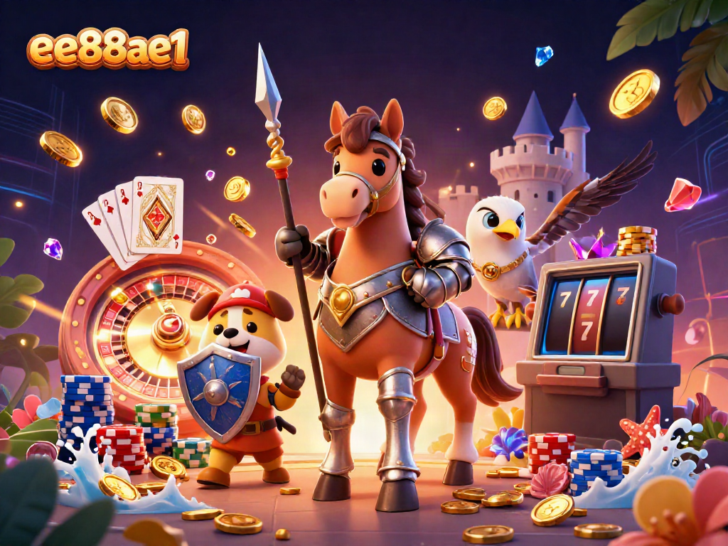 Engage with the vibrant gambling world of ee88ae1 featuring a knight, squire puppy, and falcon amidst dynamic casino elements.
