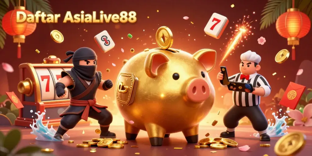 Engage in thrilling gameplay at Daftar AsiaLive88, highlighted by dynamic 3D characters and casino symbols.