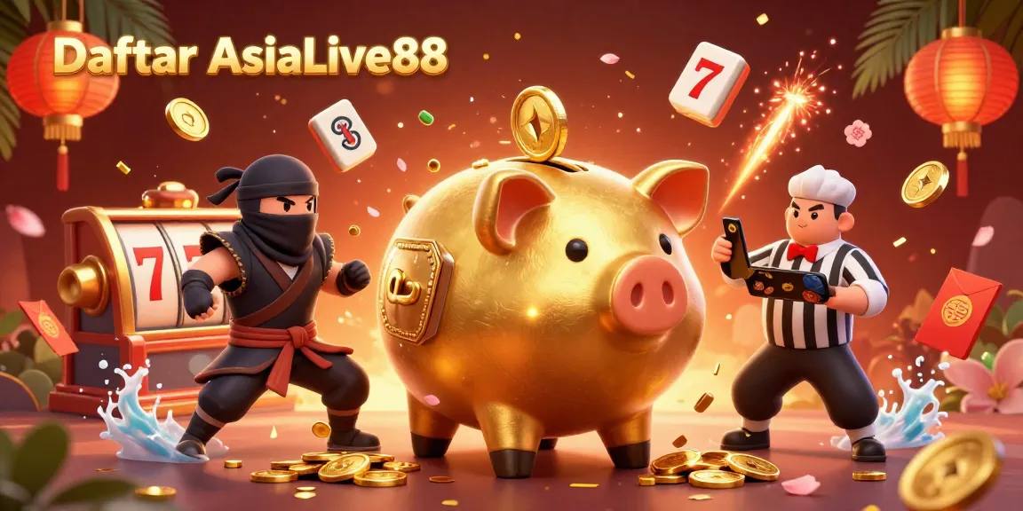 Engage in thrilling gameplay at Daftar AsiaLive88, highlighted by dynamic 3D characters and casino symbols.