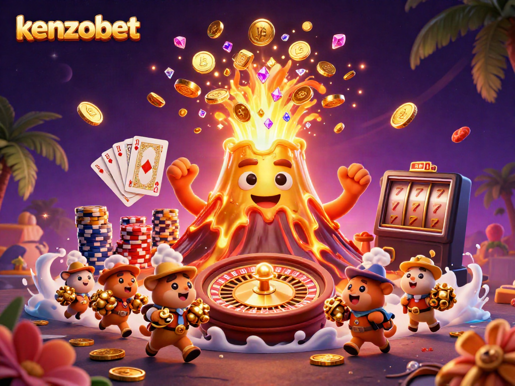 Experience the excitement of kenzobet with a vibrant 3D illustration featuring casino elements and animated characters.